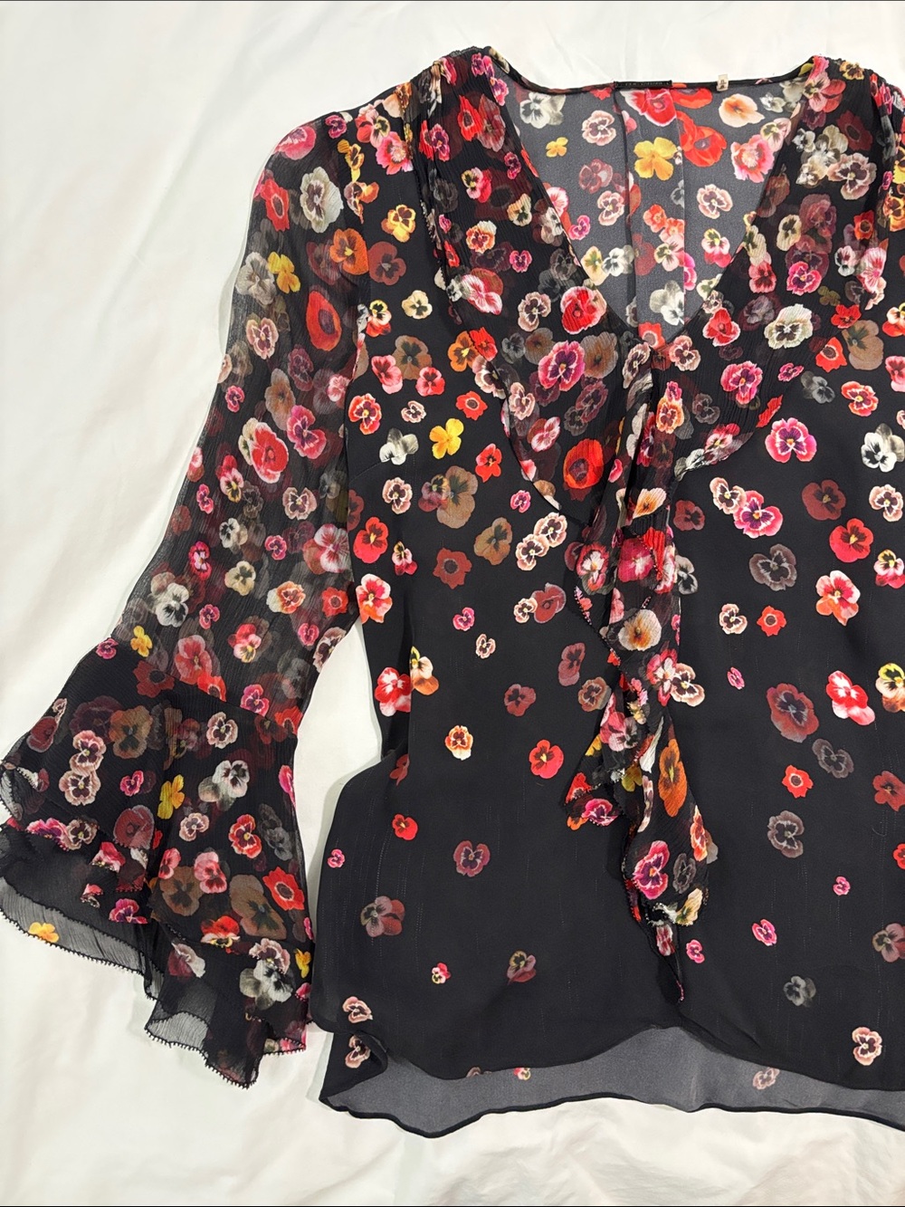 Elie Tahari Black Sheer Floral Tie-Neck Blouse